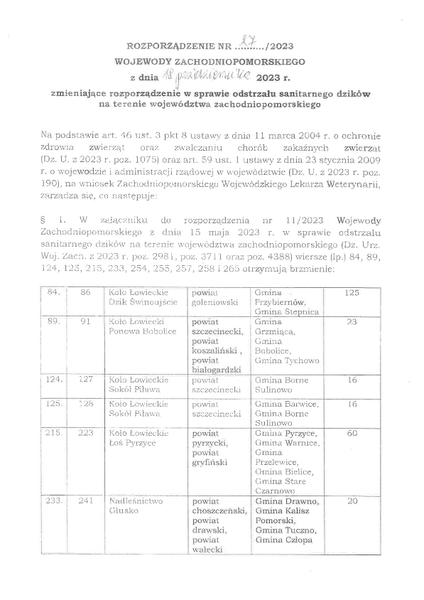 Rozporządzenie nr 27/2023 Wojewody Zachodniopomorskiego z dnia 18 października 2023 roku zmieniające rozporządzenie w sprawie odstrzału sanitarnego dzików na terenie województwa zachodniopomorskiego