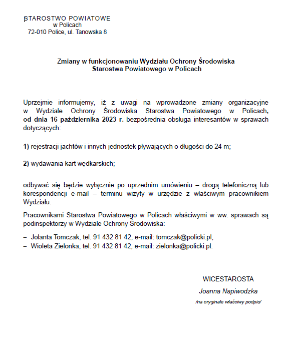 Zmiany w funkcjonowaniu Wydziału Ochrony Środowiska Starostwa Powiatowego w Policach