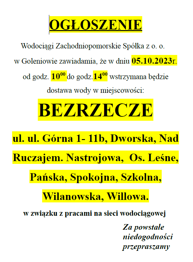 Wstrzymanie dostawy wody w Bezrzeczu w dniu 05.10.2023 r.