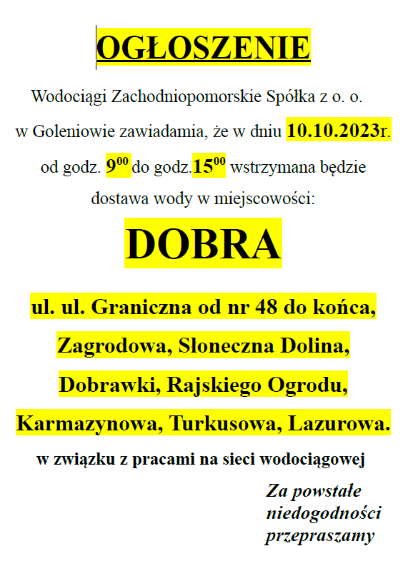 Wstrzymanie dostawy wody w Dobrej w dniu 10.10.2023 r.