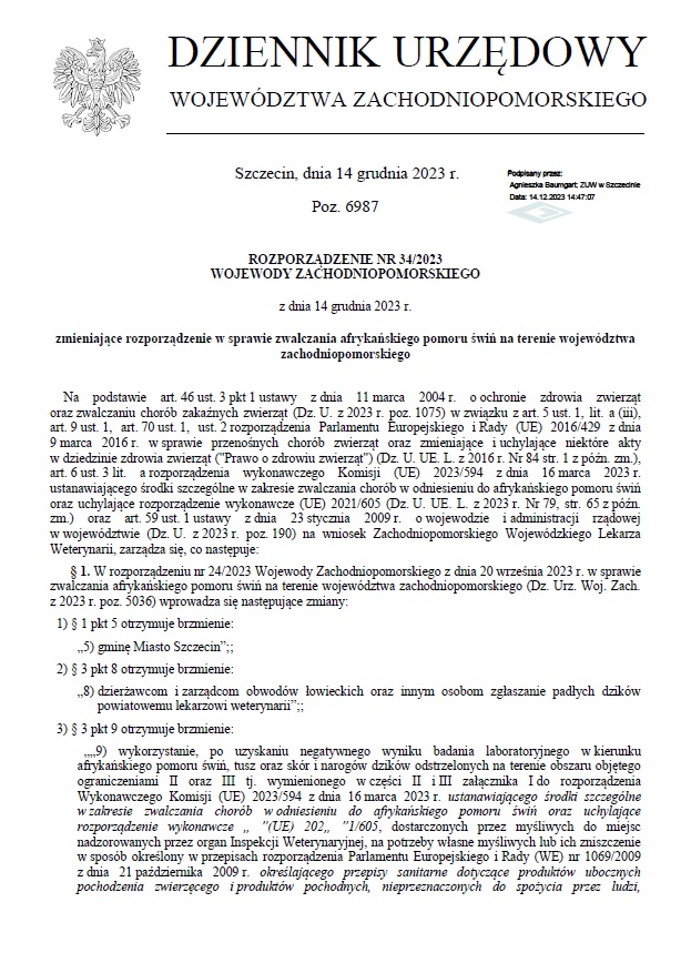 Rozporządzenie Nr 34/2023 Wojewody Zachodniopomorskiego zmieniające rozporządzenie w sprawie zwalczania wysoce zjadliwej grypy ptaków na terenie powiatu goleniowskiego, powiatu polickiego oraz gminy Miasto Szczecin 