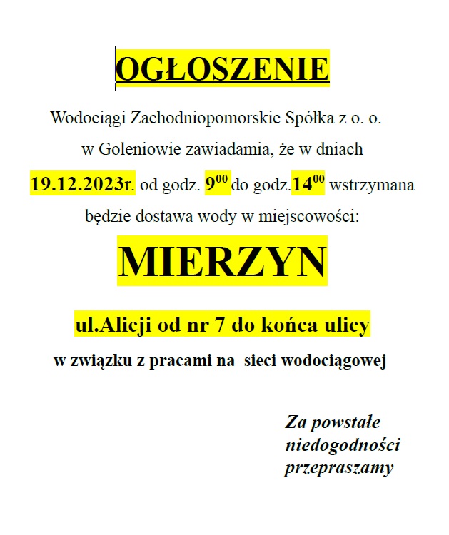 Wstrzymanie dostawy wody w Mierzynie w dniu 19.12.2023 r.