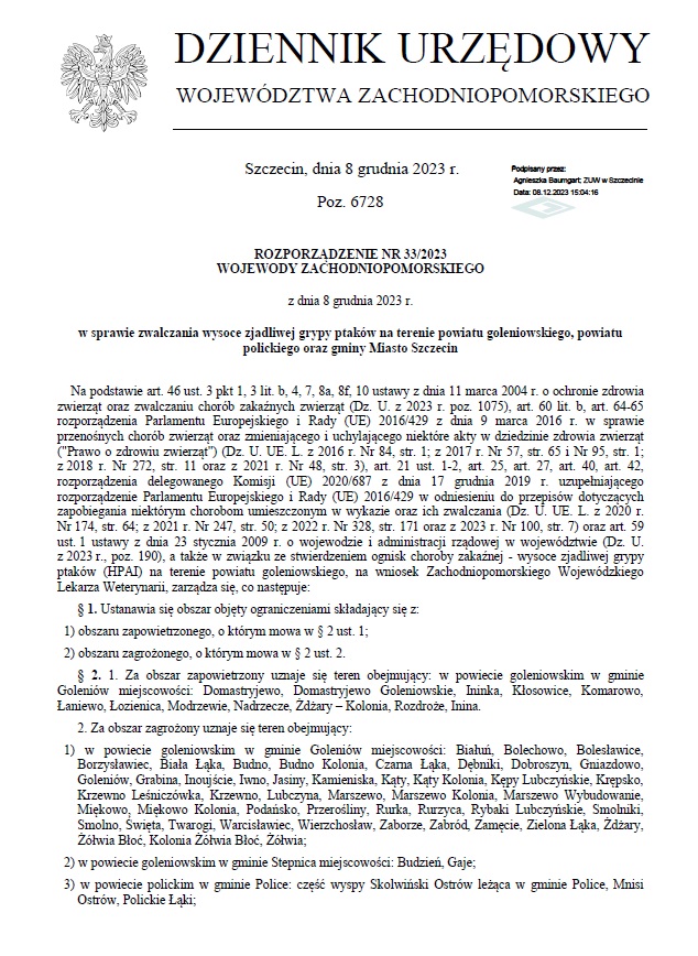Rozporządzenie Nr 33/2023 Wojewody Zachodniopomorskiego w sprawie zwalczania wysoce zjadliwej grypy ptaków na terenie powiatu goleniowskiego, powiatu polickiego oraz gminy Miasto Szczecin