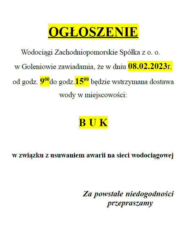 Wstrzymanie dostawy wody w Buku w dniu 08.02.2023 r.