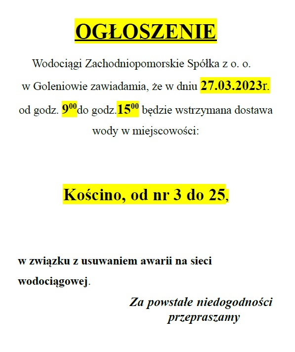 Informacja o wyłączeniu wody w dniu 27 marca 2023r. w Kościnie