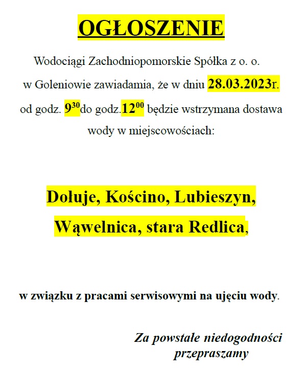 Informacja o wyłączeniu wody w dniu 28 marca 2023r.