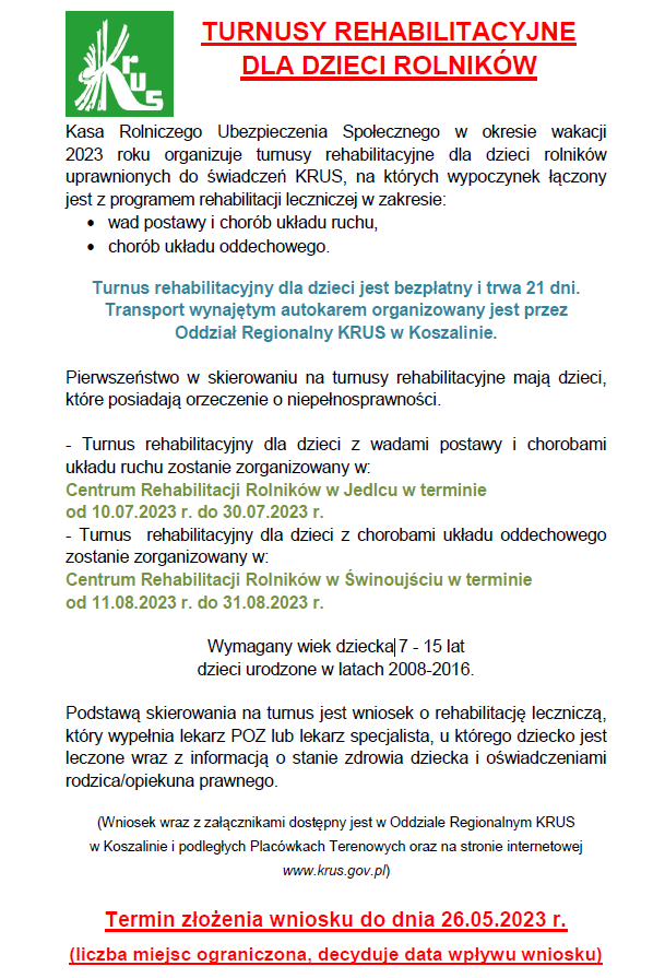 Turnusy rehabilitacyjne dla dzieci rolników
