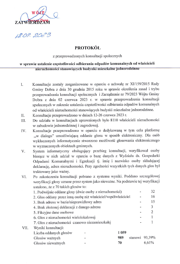 Protokół z przeprowadzonych konsultacji społecznych w sprawie ustalenia częstotliwości odbierania odpadów komunalnych od właścicieli nieruchomości stanowiących budynki mieszkalne jednorodzinne