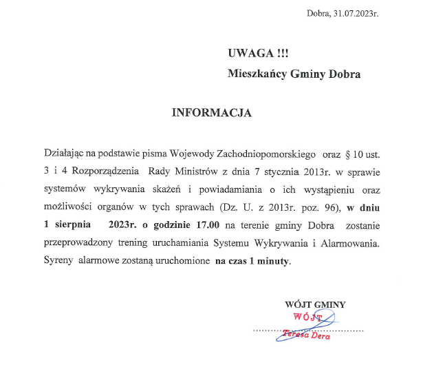 Trening uruchamiania Systemu Wykrywania i Alarmowania na terenie gminy Dobra 1 sierpnia