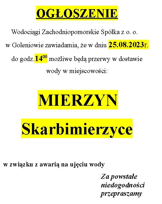 Informacja o możliwych przerwach w dostawie wody 
