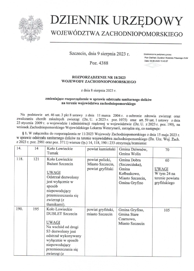 Rozporządzenie Nr 18/2023 Wojewody Zachodniopomorskiego z dnia 8 sierpnia 2023 r. zmieniające rozporządzenie w sprawie odstrzału sanitarnego dzików na terenie województwa zachodniopomorskiego