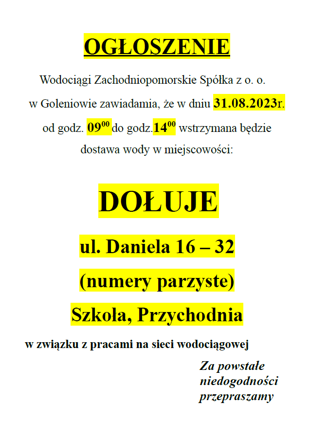 Wstrzymanie dostawy wody w Dołujach w dniu 31.08.2023 r.