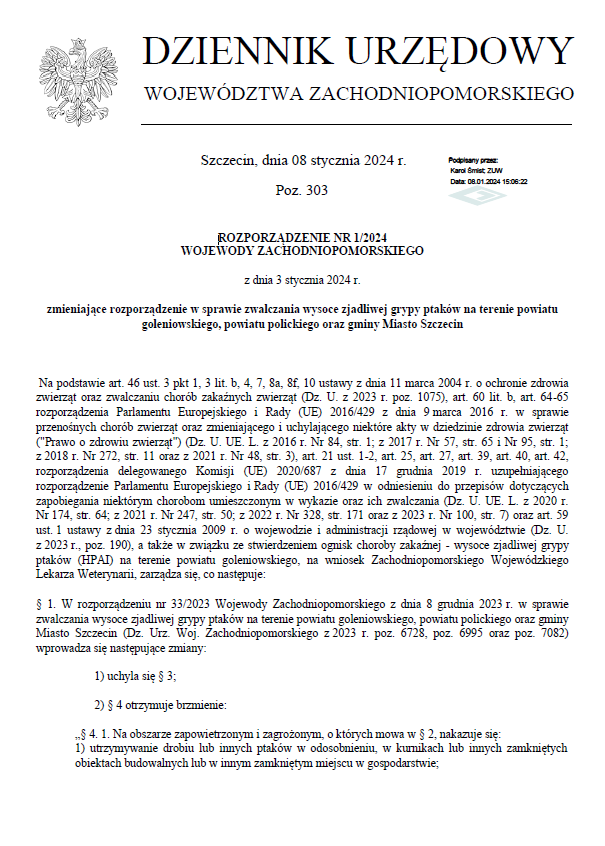 Rozporządzenie Nr 1/2024 Wojewody Zachodniopomorskiego zmieniające rozporządzenie w sprawie zwalczania wysoce zjadliwej grypy ptaków na terenie powiatu goleniowskiego, powiatu polickiego oraz gminy Miasto Szczecin