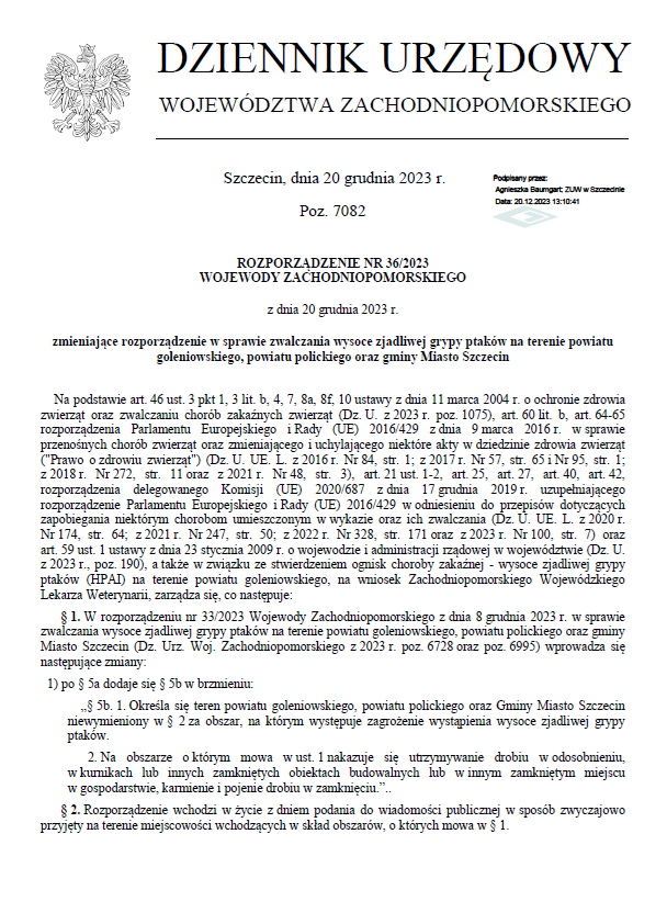 Rozporządzenie Nr 36/2023 Wojewody Zachodniopomorskiego zmieniające rozporządzenie w sprawie zwalczania wysoce zjadliwej grypy ptaków na terenie powiatu goleniowskiego, powiatu polickiego oraz gminy Miasto Szczecin