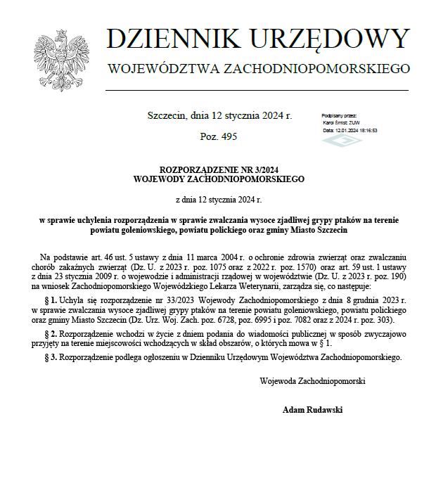 Rozporządzenie Nr 3/2024 Wojewody Zachodniopomorskiego w sprawie uchylenia rozporządzenia w sprawie zwalczania wysoce zjadliwej grypy ptaków na terenie powiatu goleniowskiego, powiatu polickiego oraz gminy Miasto Szczecin 