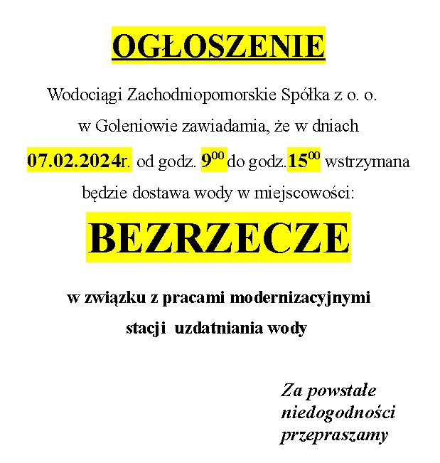 Informacja o wyłączeniu wody w Bezrzeczu