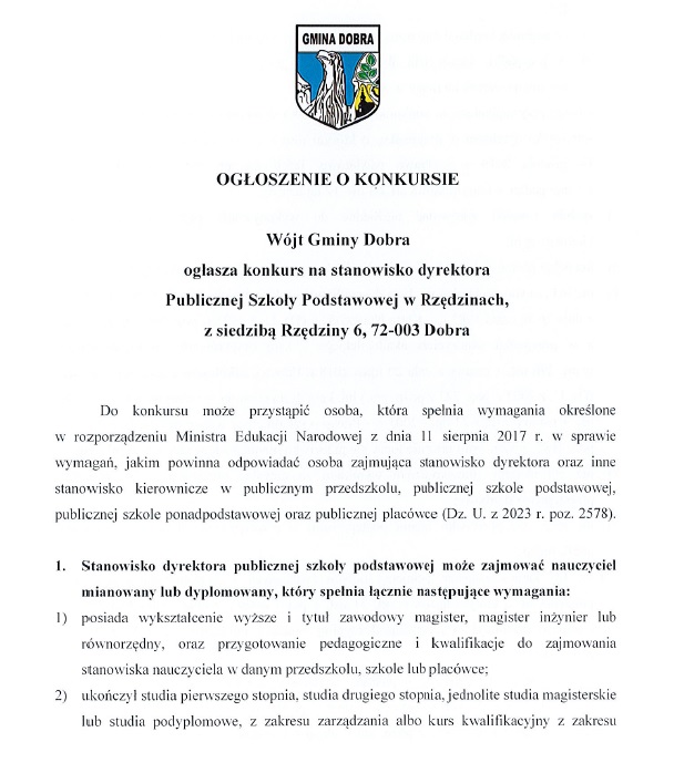 Konkurs na stanowisko dyrektora Publicznej Szkoły Podstawowej w Rzędzinach