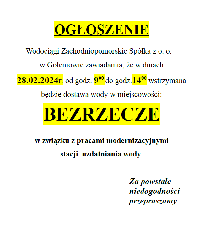 Wstrzymanie dostawy wody w Bezrzeczu w dniu 28.02.2024 r.