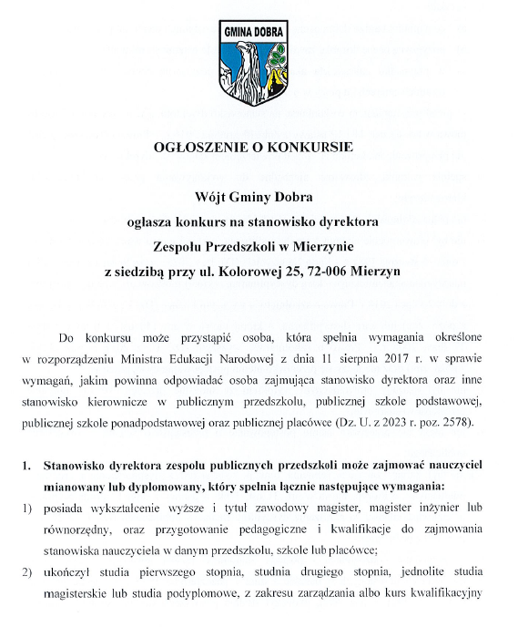 Konkurs na stanowisko dyrektora Zespołu Przedszkoli w Mierzynie