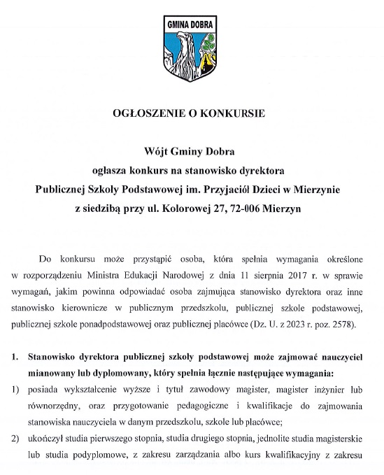 Konkurs na stanowisko dyrektora Publicznej Szkoły Podstawowej im. Przyjaciół Dzieci w Mierzynie